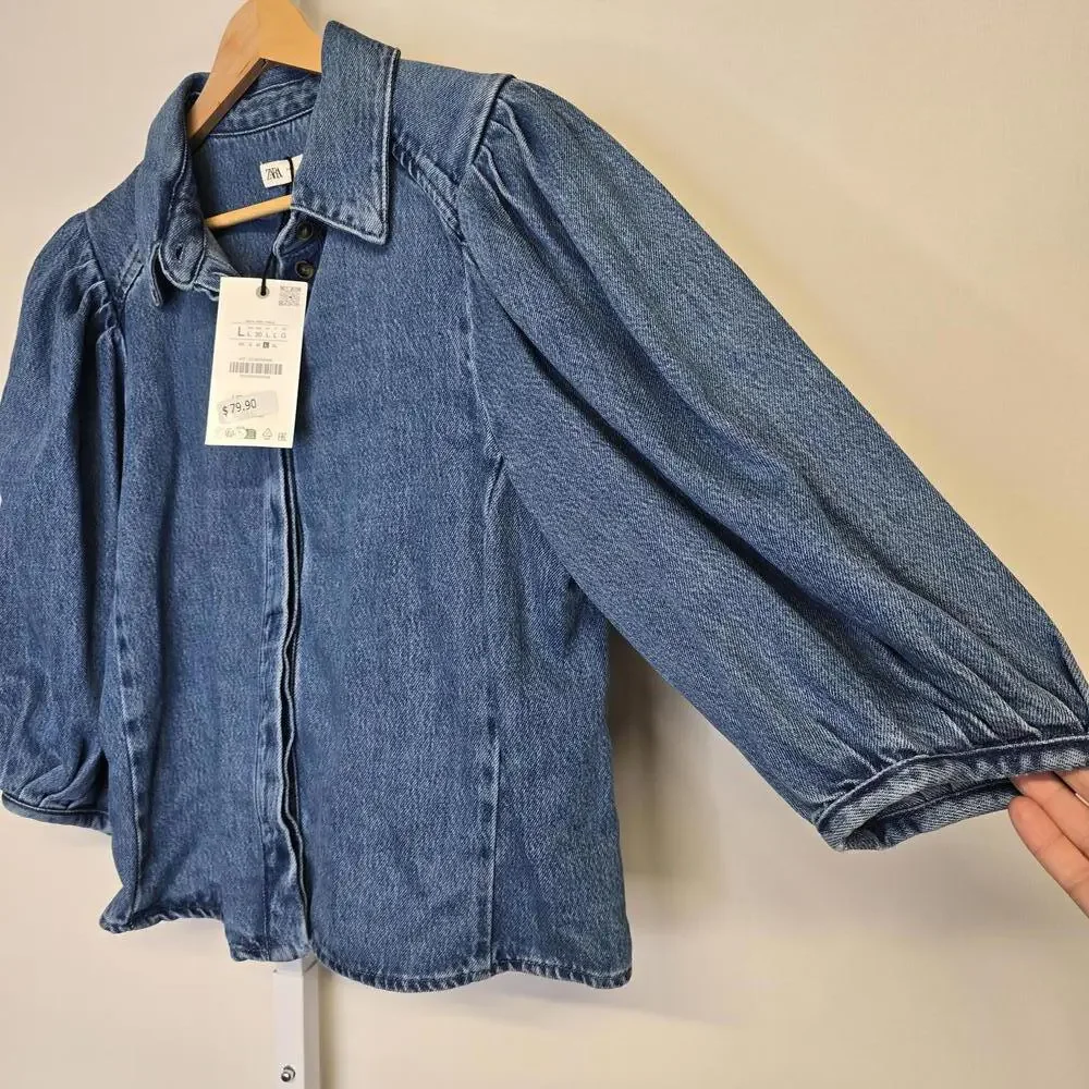 NWT Zara Women's Denim Blouse with Puff Sleeves large - Picture 3 of 5